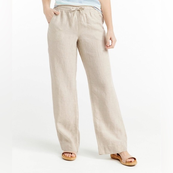 LL Bean Women's Premium Washable Linen Pull-On Pants, Oatmeal size  12 - Picture 3 of 11